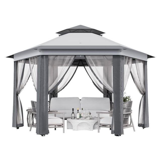 Yeshouse Carpa plegable de 4 x 4 metros (13 x 13 pies) para todo tipo de clima con mosquitera - Refugio solar de acero resistente de 6 lados con bolsa de transporte - Carpas tipo pabellón para patio
