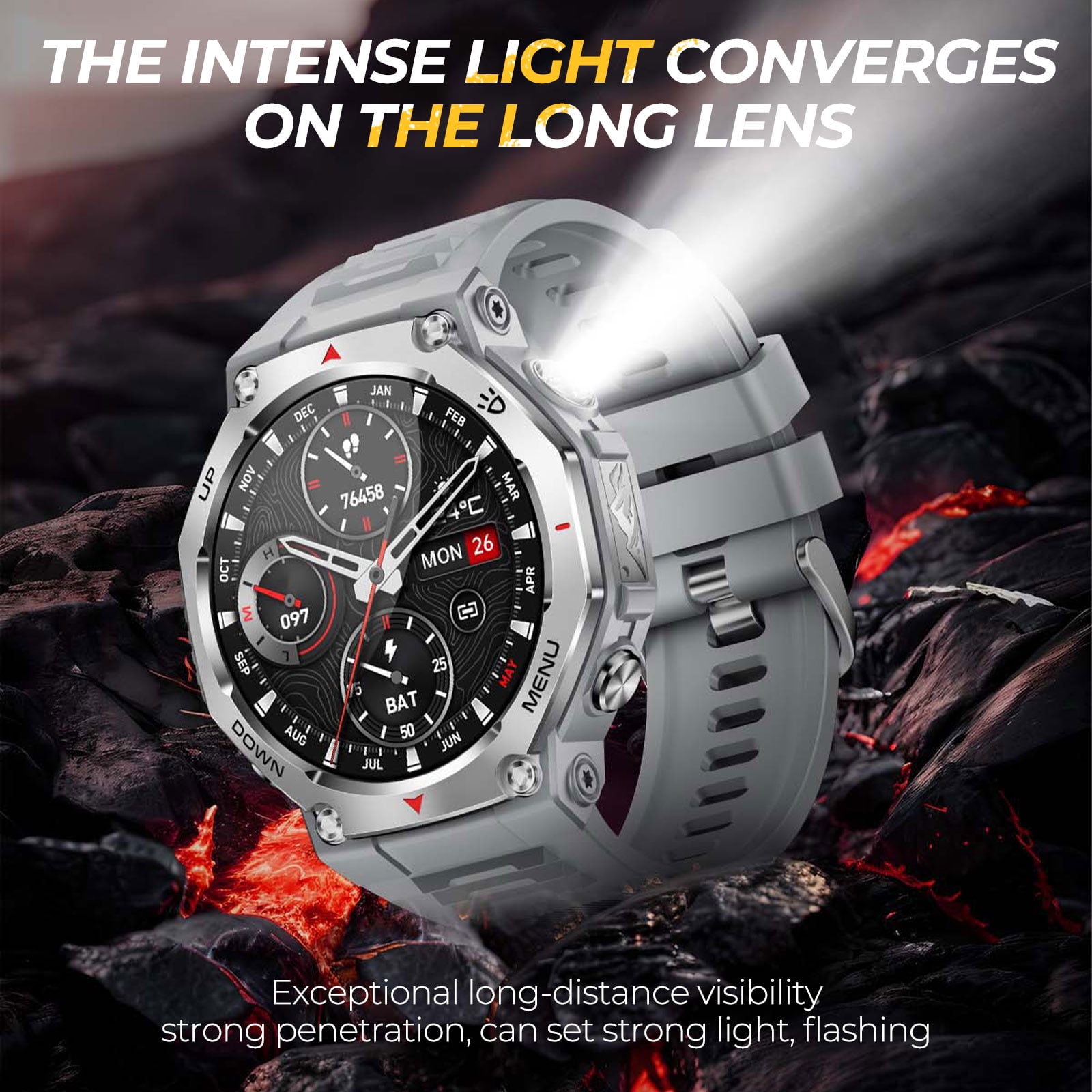 XAXRE KT85 Smart Watches for Man with Wireless Calling, 1.43’’ AMOLED Screen Watch with Flashlight, 5ATM Waterproof Smart Watch Compatible with iOS & Android, 1pc, Gray