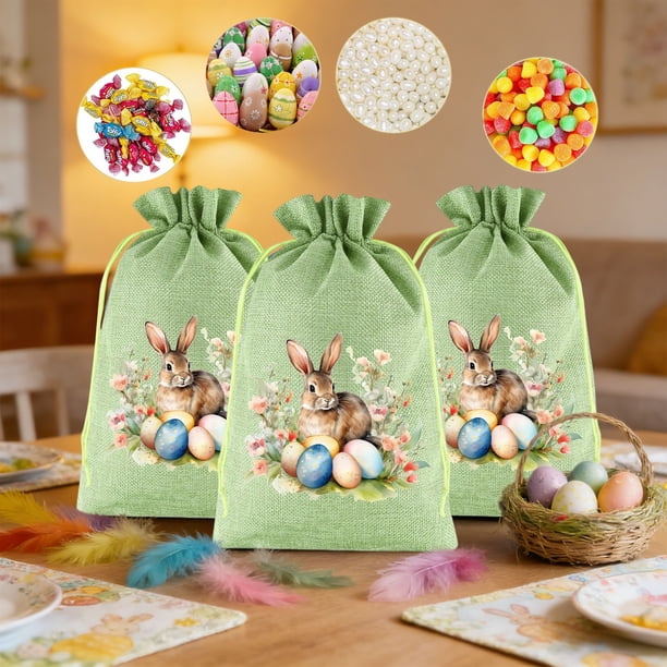 3 Pcs Easter Gift Bag Drawstring Pouch for Party Favors, Bunny Rabbit Egg Candy Storage Bag, Reusable Holiday Decorative Burlap Sack for Treats Toys and Supplies, Festive Celebration Accessory