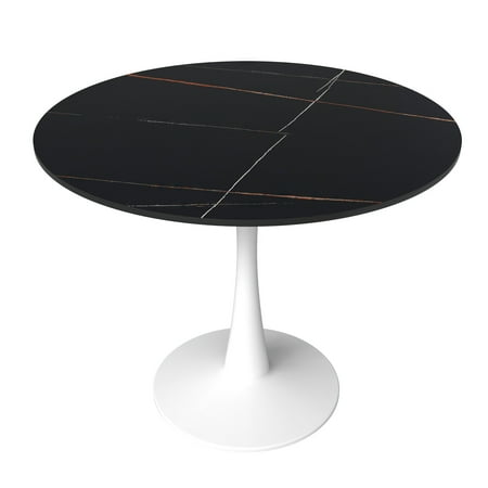LeisureMod Round Dining Table Modern 31 Sintered Stone Tabletop with White Steel Pedestal Base for Kitchen and Living Room Bristol Series in Black