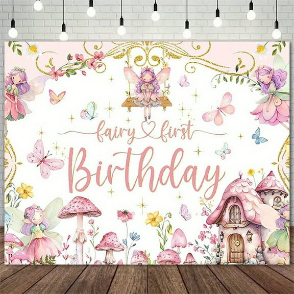 Fairy First Birthday Backdrop for Girls Enchanting Fairy 1st Birthday Photography Background Spring Fairy Soft Pink Flower Butterfly Mushroom Baby Shower Party Decorations Banner Photo Booth Props