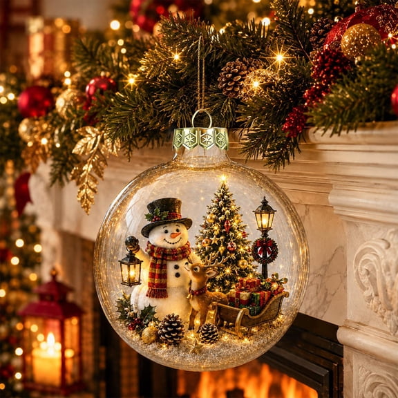 Fievgin Glowing Christmas Story Ornament, Light Up Mini Holiday Scene Transparent Globe with Warm LED for Tree Window Mantel