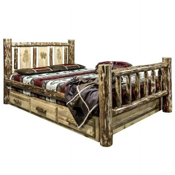 Glacier Country Collection King Storage Bed w/ Laser Engrave Pine Design