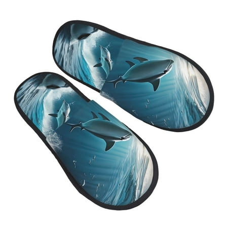 

Bingfone Ice Blue Ocean Cute Dolphin A House Slippers for Women Men with Soft Rubber Sole Slip On for Indoor/Outdoor-Large