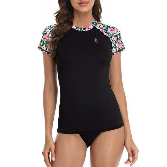 LRD Women's Short Sleeve Rash Guard Shirts UPF 50 Swim Shirt Black Tropical - S