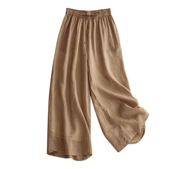 cocolona Womens Summer Linen Capri Pants Drawstring Wide Leg Cropped Pants Fashion Solid Color Casual Trousers with Pocket