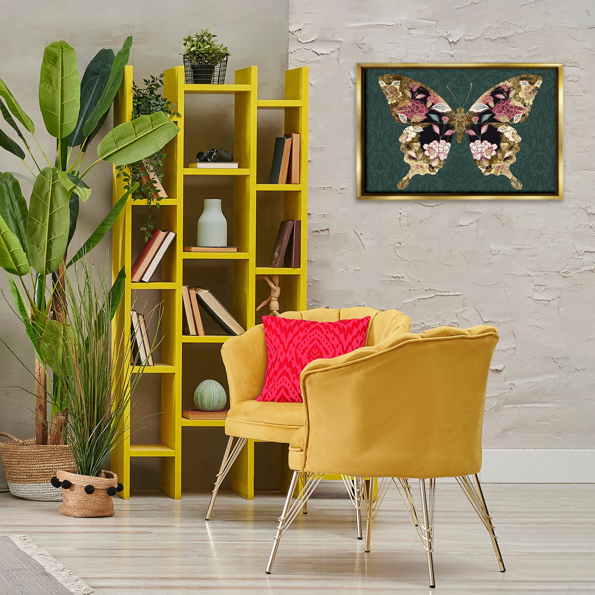 Stupell Industries Rococo Butterfly Pattern Animals Painting Gold Floater Framed Canvas Art Print Wall Art, 25 x 17