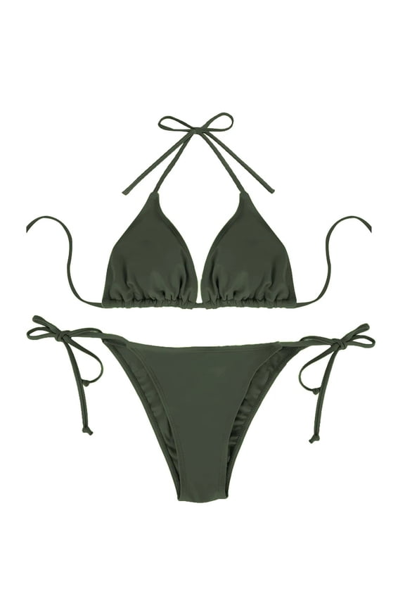 2 Pcs Women's Sexy Solid Color Bikini Set Strapless Bareback Strap Thong Swimsuit Summer Simple Lady's Bandage Side Detail