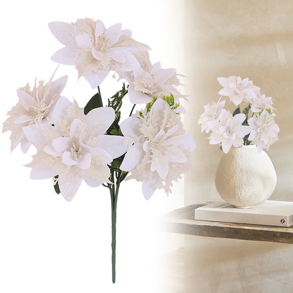 PLJFXXM 6 Head White Poinsettia Flowers, Faux Poinsettia Bush Bouquets, Silk Poinsettia New Years Ornaments, Poinsettia Flower Arrangement for Home Holiday Wedding Decoration