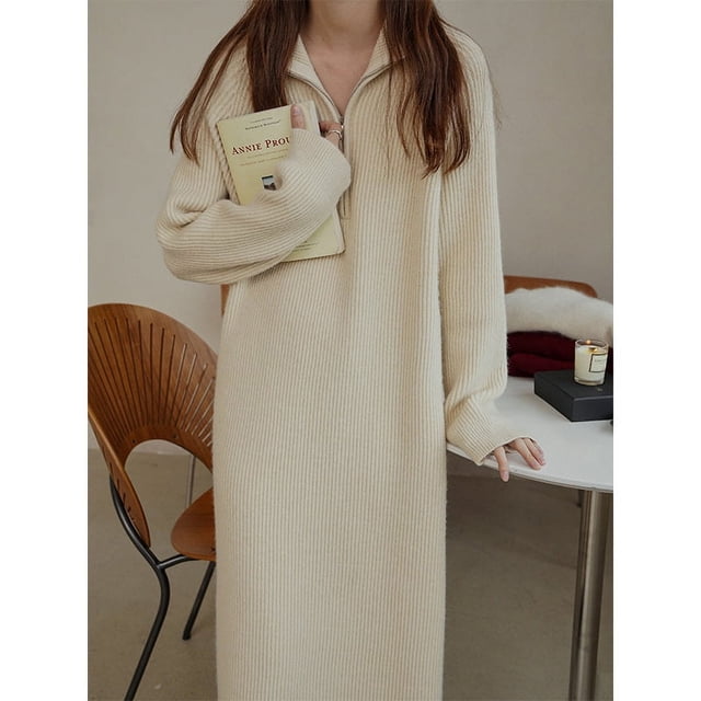 Suéter holgado de estilo coreano hasta la rodilla con solapa y largo medio para mujer, vestido básico de punto para otoño e invierno