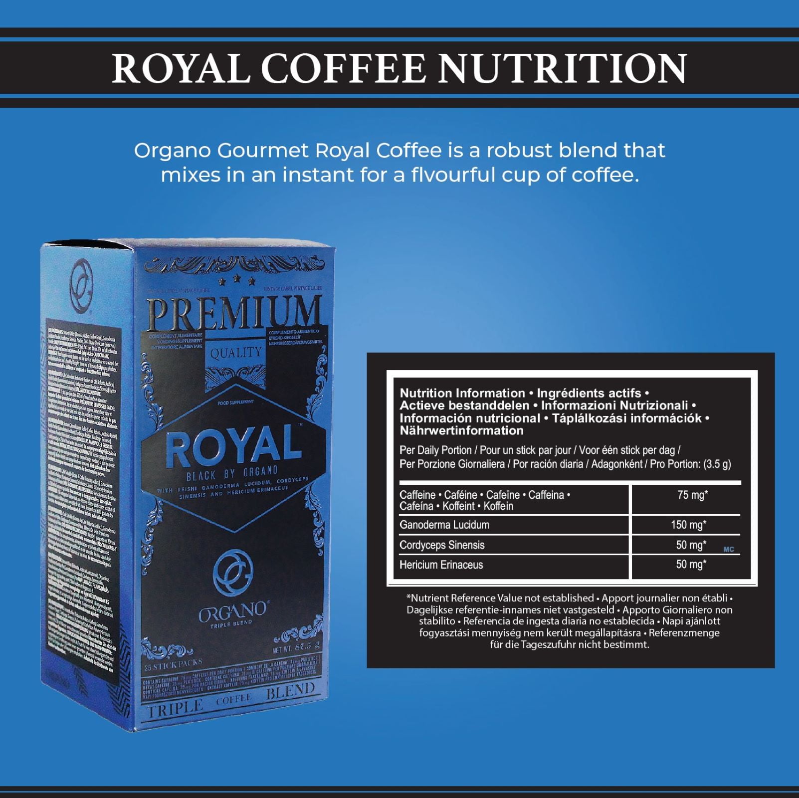 ORGANO Royal Black Medium Dark Roast Instant coffee. Infused with Triple Mushroom Blend, Ganoderma, Cordyceps and Lion's Mane. Aromatic and flavorful Ground Coffee Beans (25 Sachets) - 3 Pack