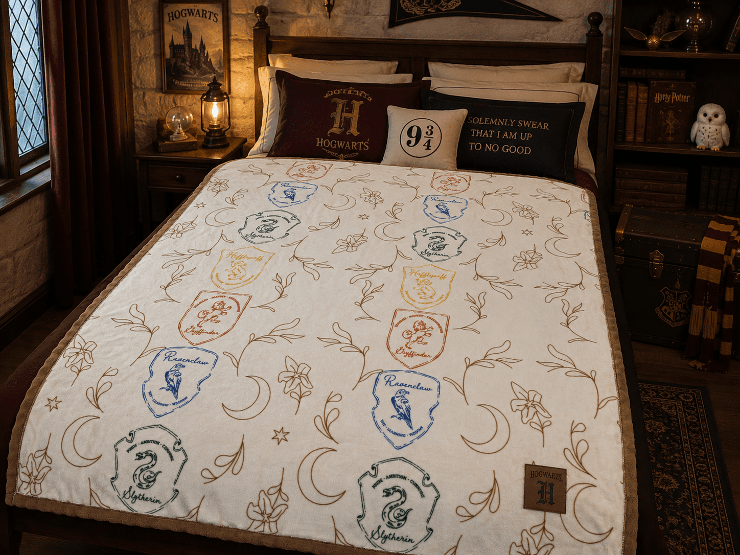 Harry Potter House Pattern Silk Touch Mink Velvet Throw with Leather Patch, 60x70 inches