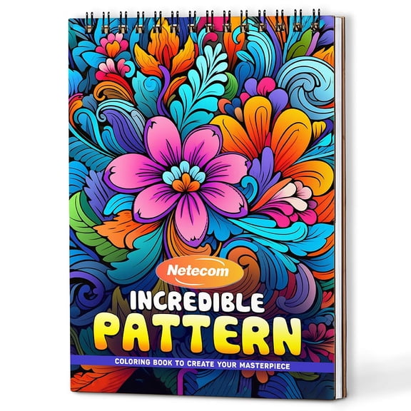 Netecom Incredible Pattern Coloring Book Spiral Bound For Adults, A5 Wooden Cover, 30 Beautiful Coloring Pages of Vibrant Flower and Nature-Inspired Designs for Stress Relief and Relaxation