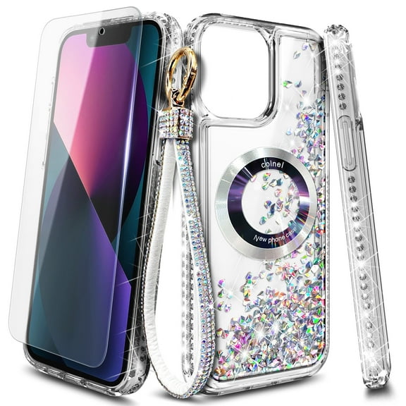 NageBee Designed for iPhone 13 Mini Magnetic Case for MagSafe, Tempered Glass Screen Protector/Wrist Strap Lanyard, Glitter Floating Liquid Cute Case (Diamond)