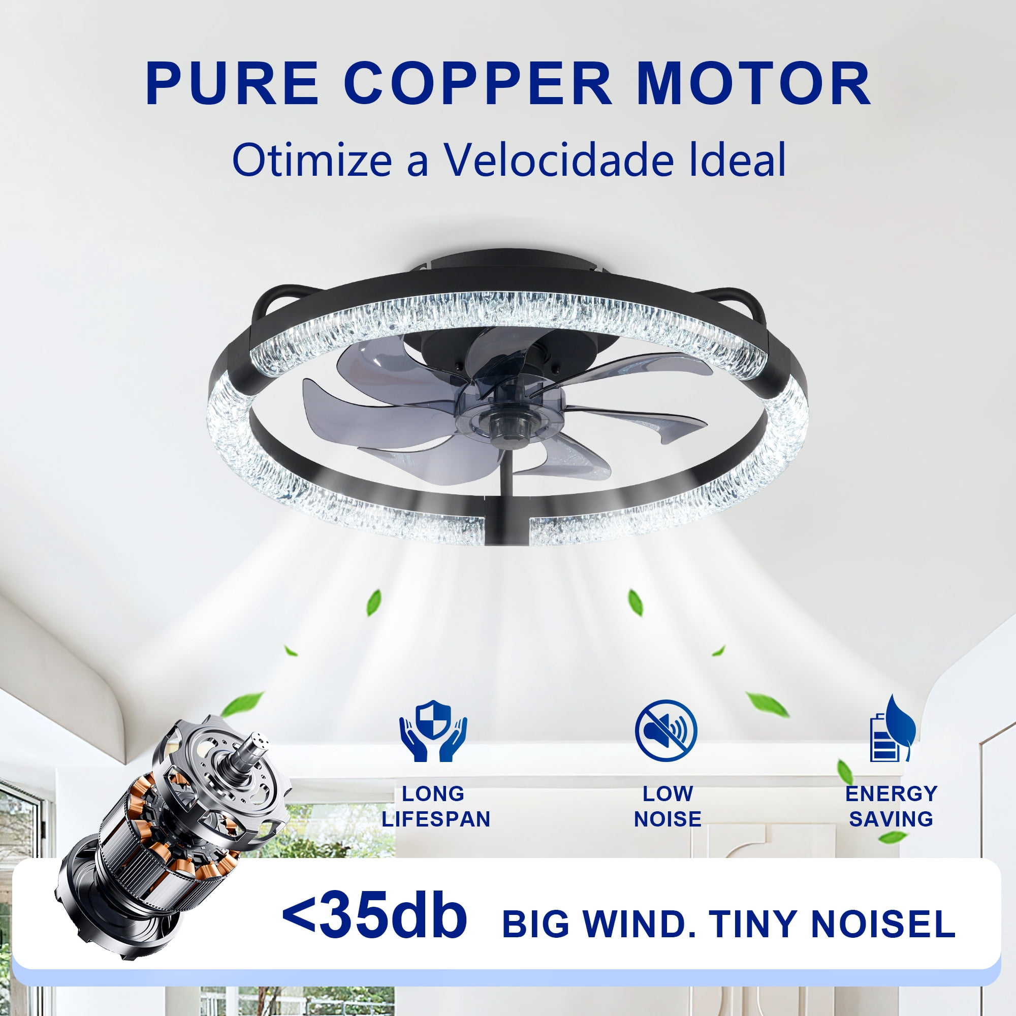 Leumius 20" Ceiling Fans with Light and Remote, 3000-6500K Dimmable Modern Flush Mount LED Fan Light, 6 Speeds, Quiet DC Motor for Living Room Bedroom Kitchen Matte Black