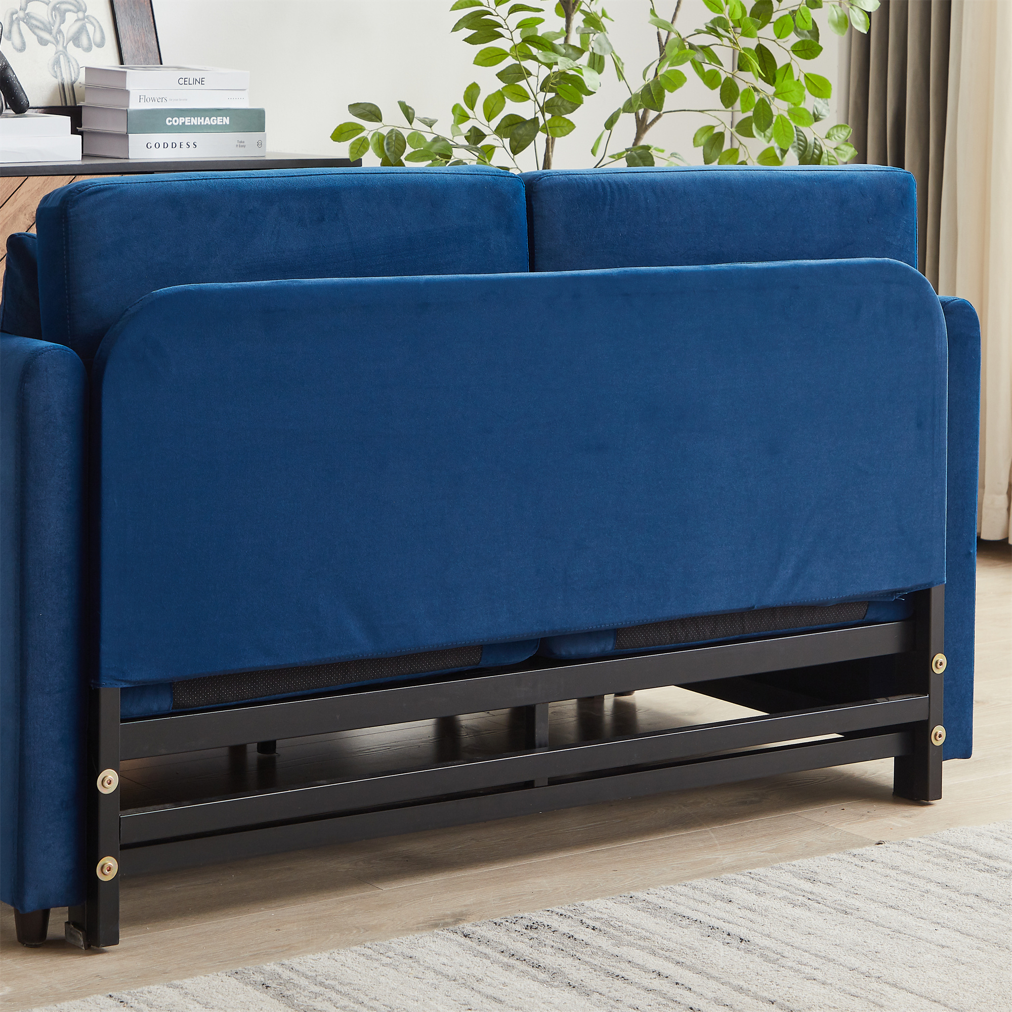 Aukfa Velvet Futon Convertible Loveseat Sleeper Sofa, Full Size, 2Pillows&Side Pockets, Blue