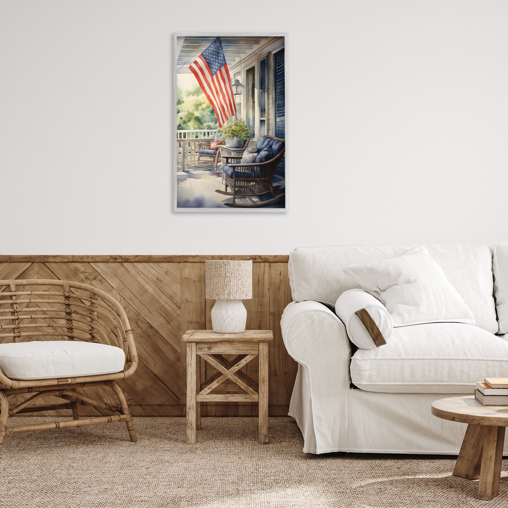 Stupell Industries Porch with American Flag Scenery Painting Gray Framed Art Print Wall Art, 20 x 30