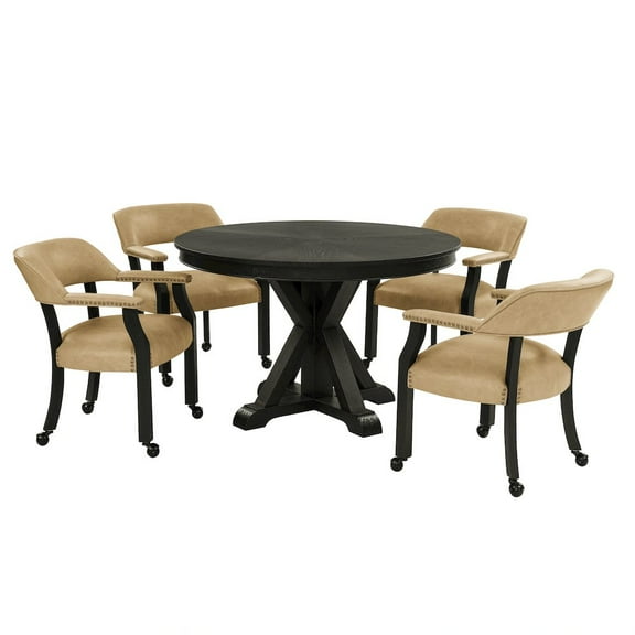 Steve Silver Rylie Dining Table & 4 Captains Chairs, Black Finish with Sand Vegan Leather