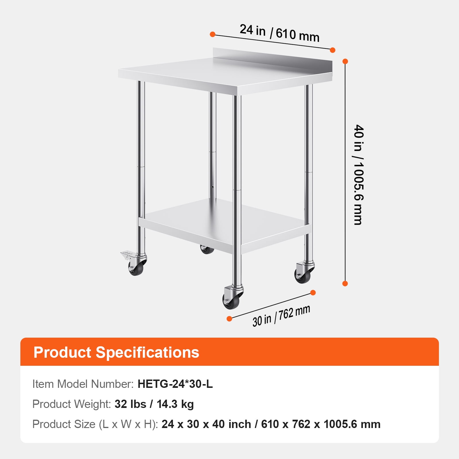 KFFKFF 24x30x40-Inch Metal Prep Table, Stainless Steel, with Wheels, Adjustable Height, Durable for Restaurant, Home, Hotel Use