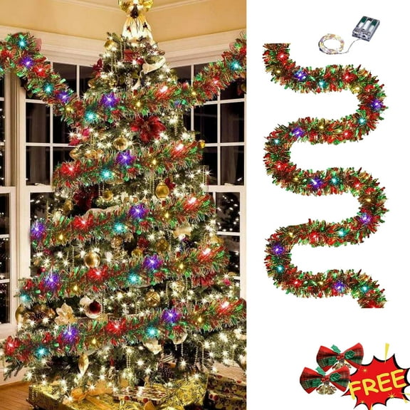 KOYPTL 16.5FT Christmas Tinsel Garland with 50 LED String Lights,Battery Operated Artificial Vine Christmas Tree Deorations Hanging Garland for Holiday Fireplace Mantle Wedding Home Indoor Decor