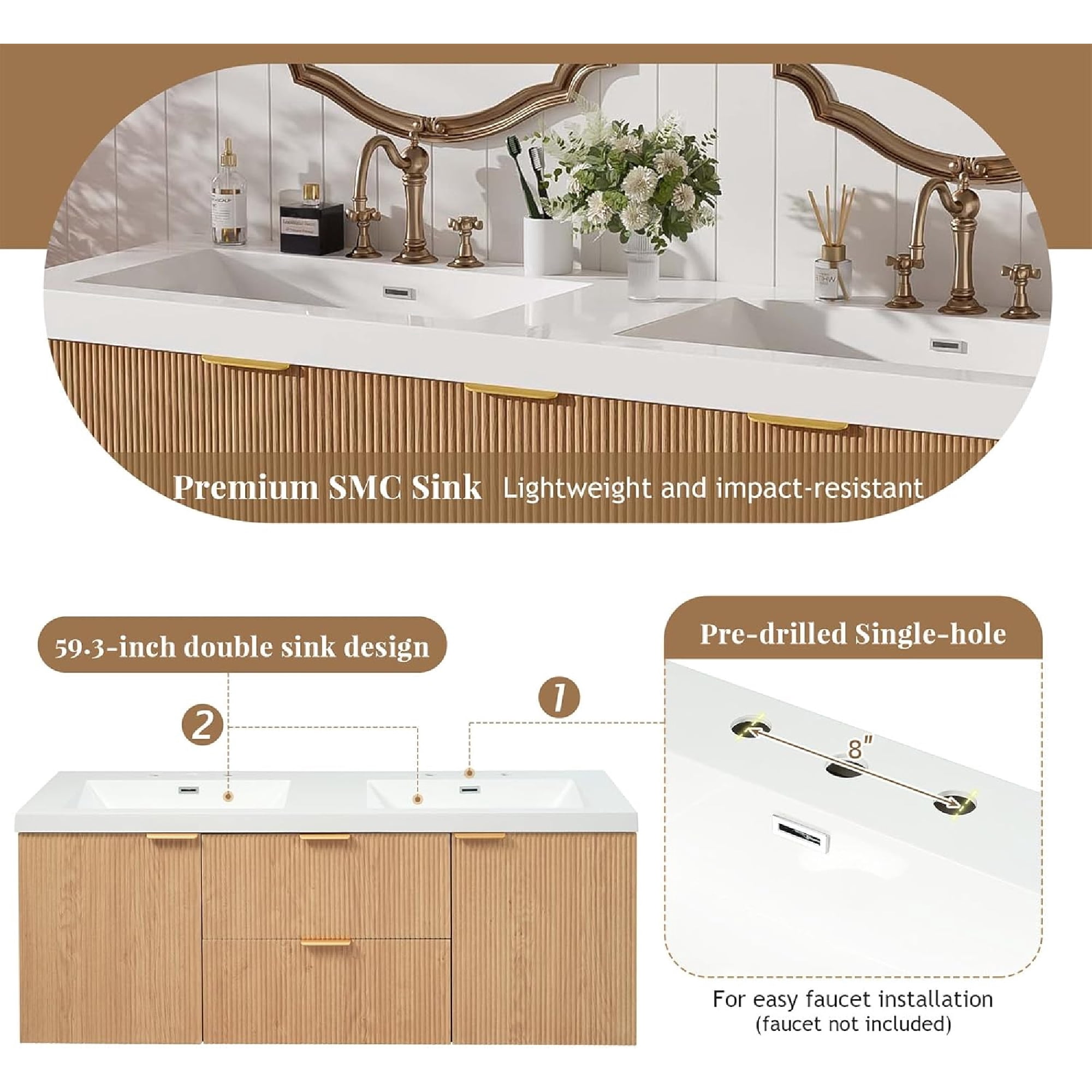 60" Bathroom Vanity with Sink Combo, Floating Double Sink Bathroom Vanity with 4 Drawer, MDF Storage Cabinet with SMC Resin Top, Wall-Mounted Bathroom Vanities (60''-Wood)