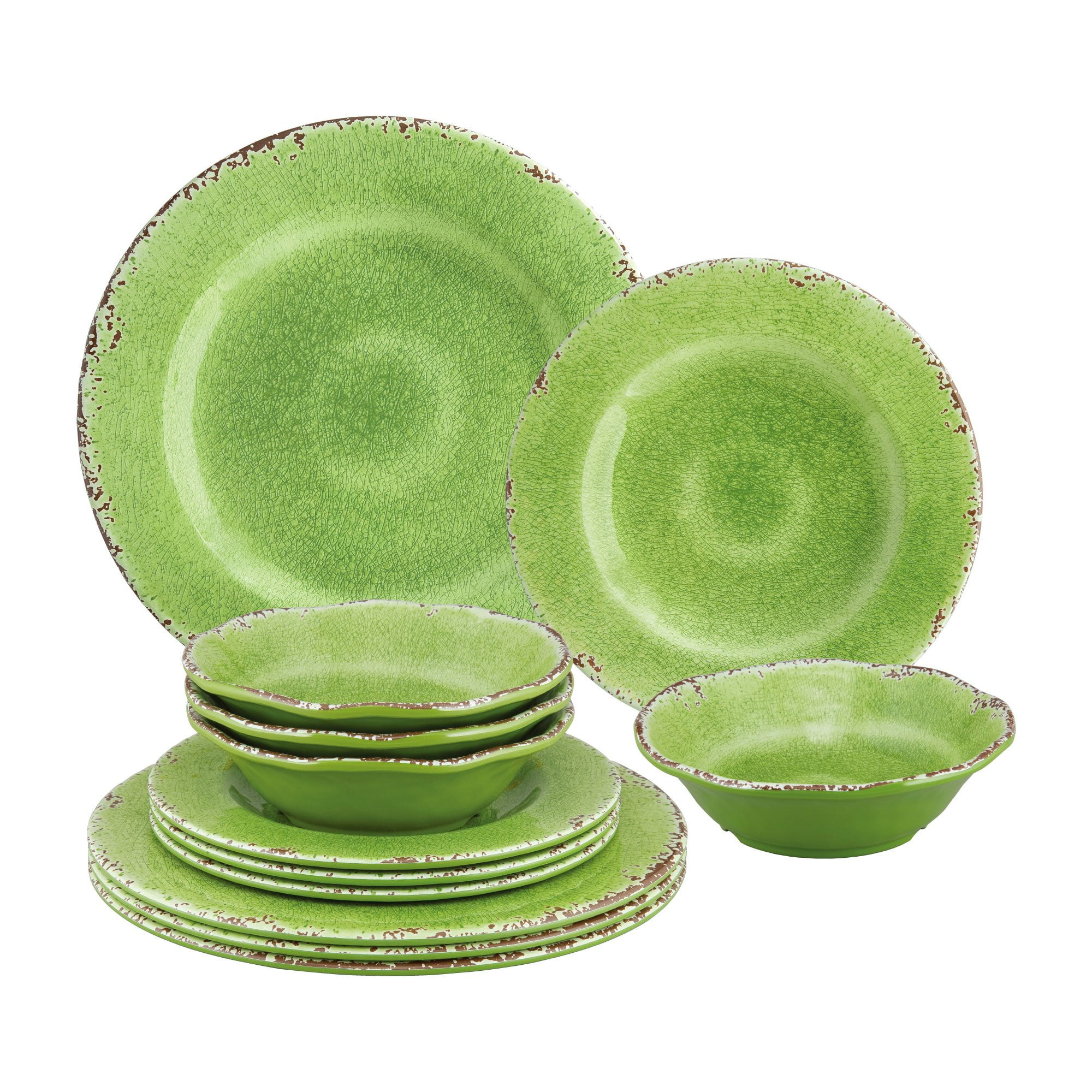 Gourmet Art 12-Piece Crackle Melamine Dinnerware Set, Green, Service for 4.  Includes Dinner Plates, Salad Plates and Bowls.