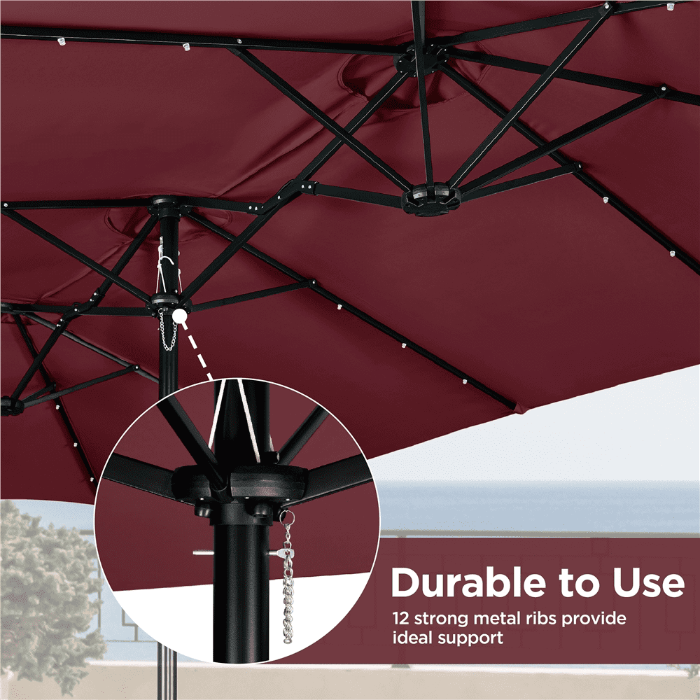Renwick 15 ft Twin Patio Parasol Umbrella with Base & LED Lights, Burgundy