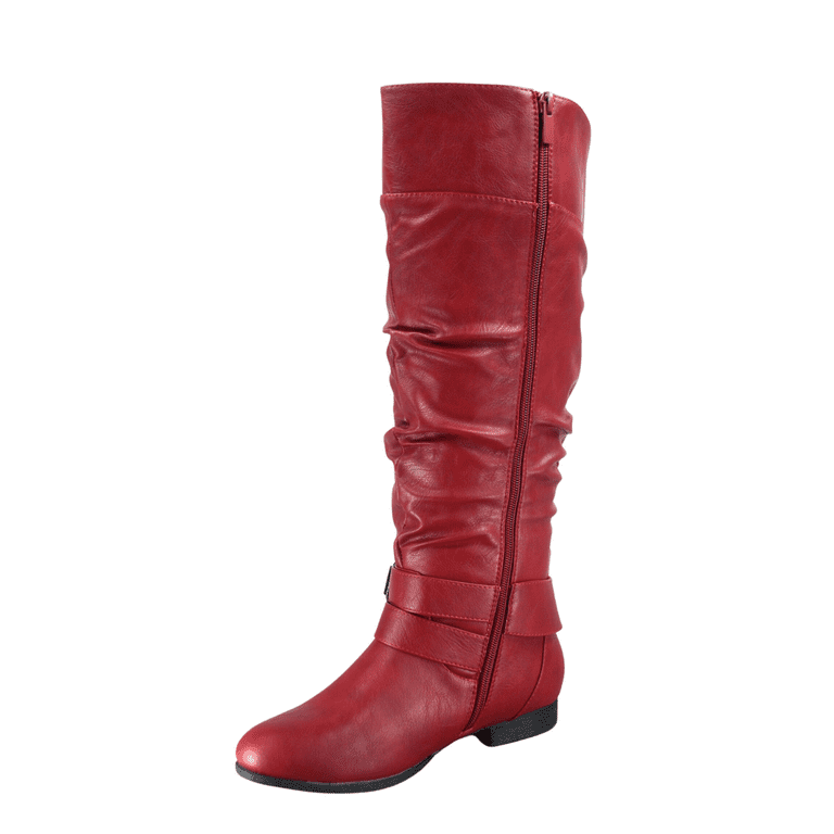 Free Shipping Women s Zipper Knee High Riding Boots Casual Flat Low Heel Winter Boots Shoes Red 7.5 Walmart