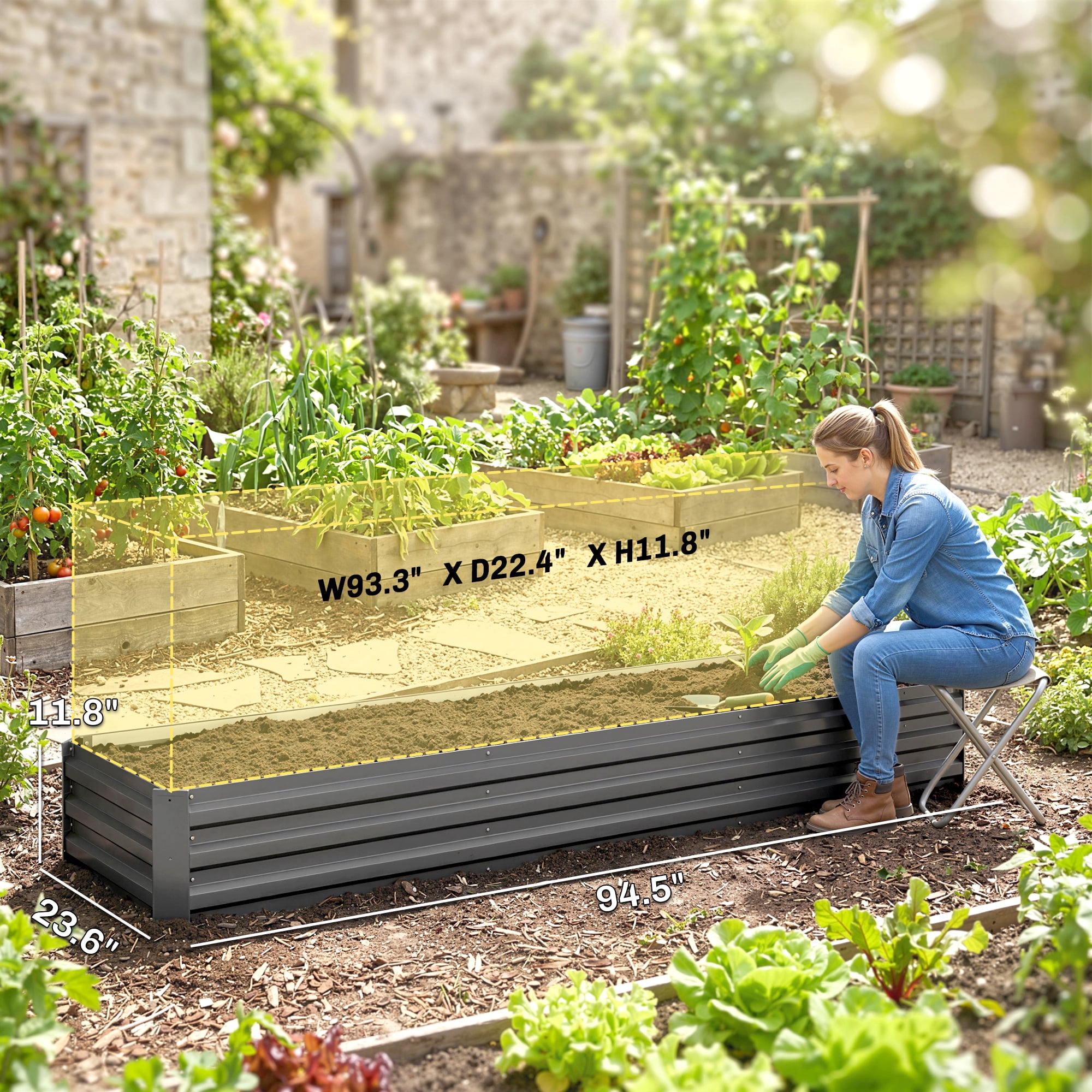 Outsunny 8x2x1ft Galvanized Raised Garden Bed Kit, Large Outdoor Metal Elevated Planter Box with Safety Edging for Flowers, Vegetables, Dark Gray