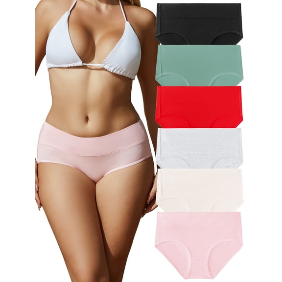 Buankoxy Womens Underwear Cotton Hipster Panties Mid Rise Briefs Wide Waistband 6 Pack, Size 6