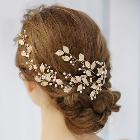 Outtop Women Golden Alloy Leaf Bridal Headdress Beaded Wedding Hair Accessories