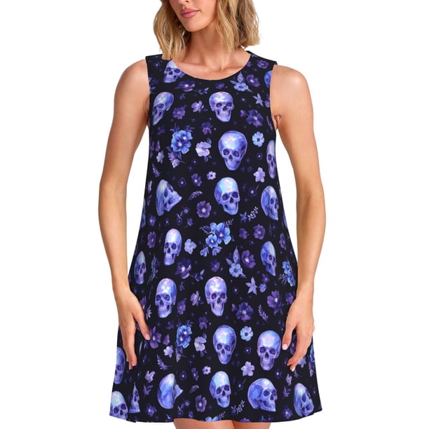 Fotbe Skull flower leaf purple Vestido de Verano sin Mangas para Mujer – Vestido Midi Línea A, Estilo Camiseta Floral, Vestido Playero Casual y Fluido