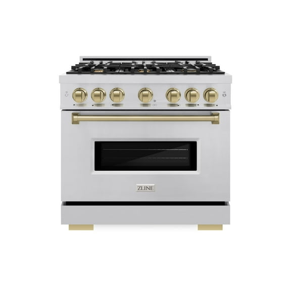ZLINE Autograph Edition 36 in. 5.2 cu. ft. Classic Dual Fuel Range with 6 Burner Gas Cooktop and Electric Convection Oven in Stainless Steel with Champagne Bronze Accents (CDRZ-36-CB)