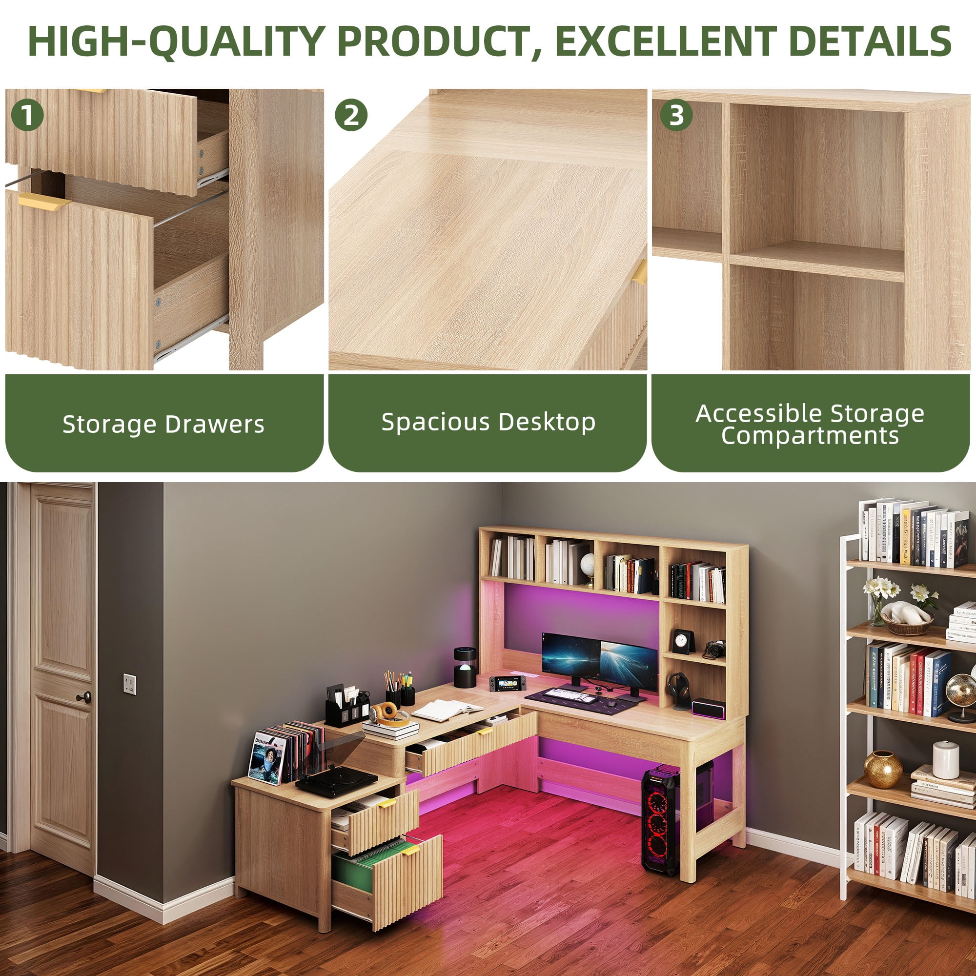 Uforic L Shape Desk with LED Light & Hutch,  Home Office Computer  Desk Executive Desk with Drawers