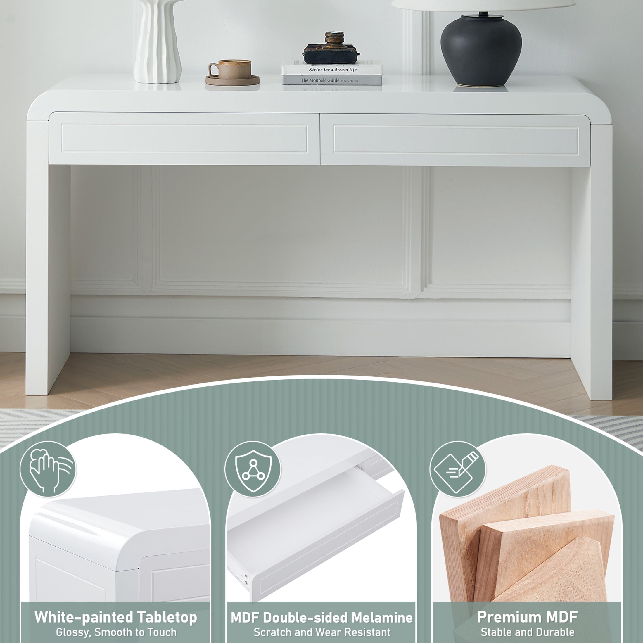 Christopher Knight Home 59.8" Modern Curved Console Table, MDF Entryway Storage Table with 2 Drawers, White