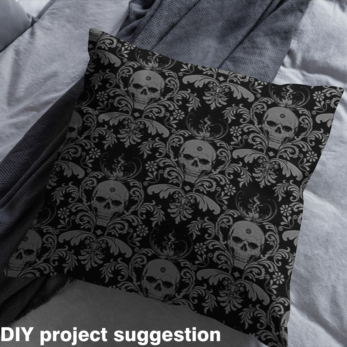 Manfei Gothic Skull Fabric by the Yard (1 Yard), Happy Halloween Theme Decorative Fabric by the Yard, Black Gray DIY Fabric