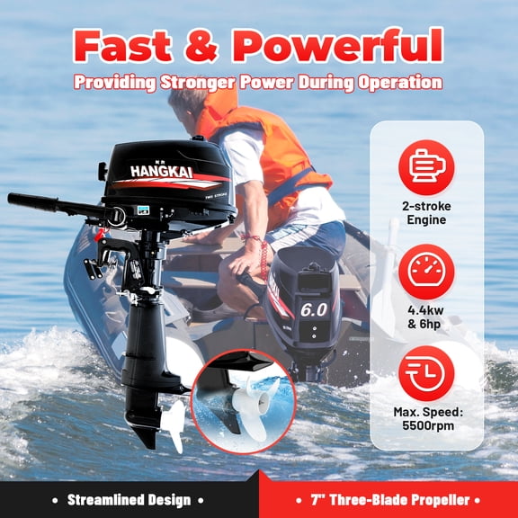 6 HP 2‑Stroke Gasoline Outboard Motor, 102CC Marine Boat Engine, Water‑Cooled Tiller‑Controlled Outboard Engine with F‑N‑R Gear, Manual Start for Fishing & Inflatable Boats,