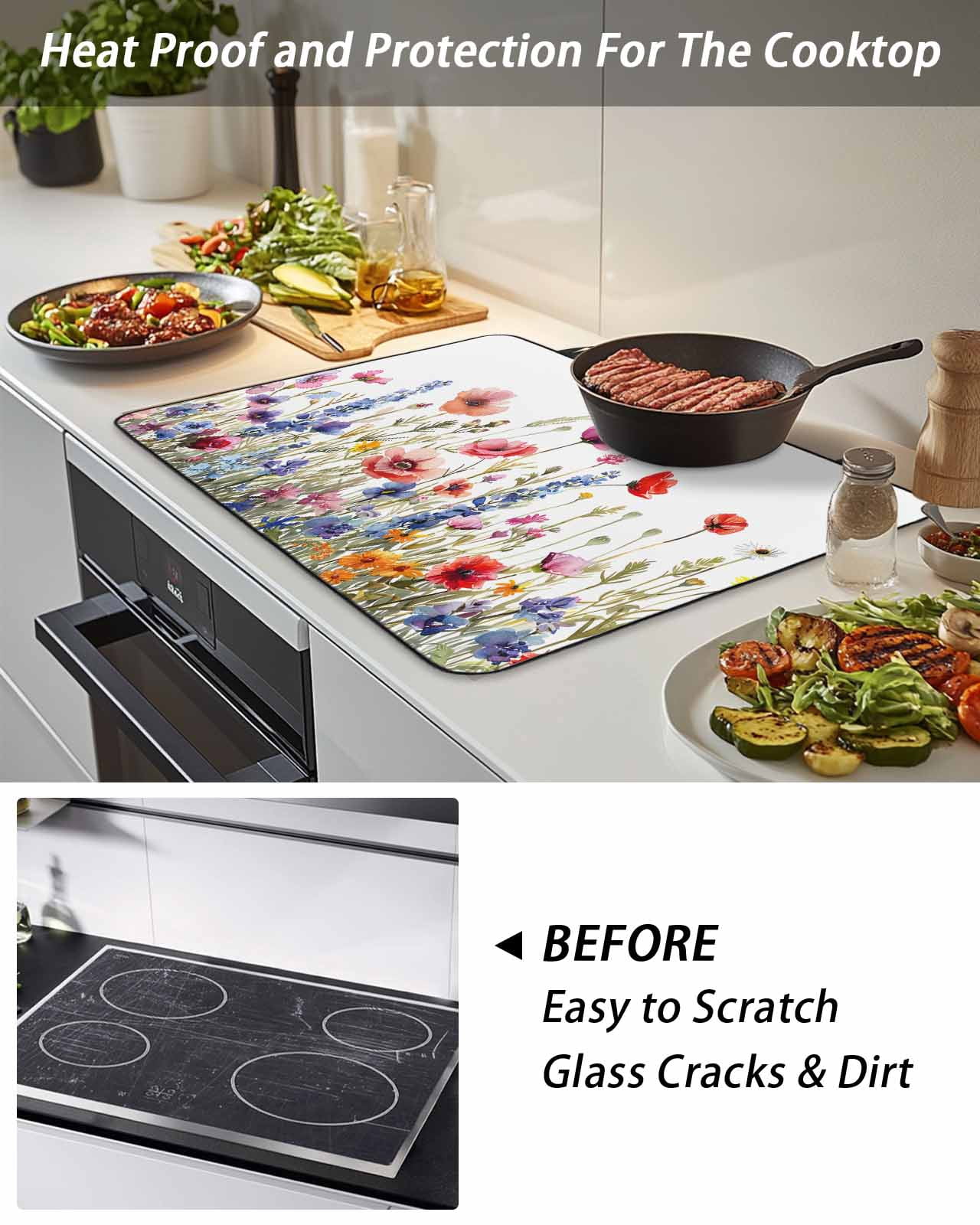 Stove Top Covers for Electric Stove, Pastoral Spring Floral Glass Stovetop Cover Protector, Elegant Summer Flower Botanical Induction Cooktop Protector Oven Mat for Kitchen Countertop 24"x21"