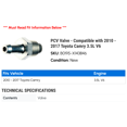thumbnail image 2 of PCV Valve - Compatible with 2010 - 2017 Toyota Camry 3.5L V6 2011 2012 2013 2014 2015 2016, 2 of 2