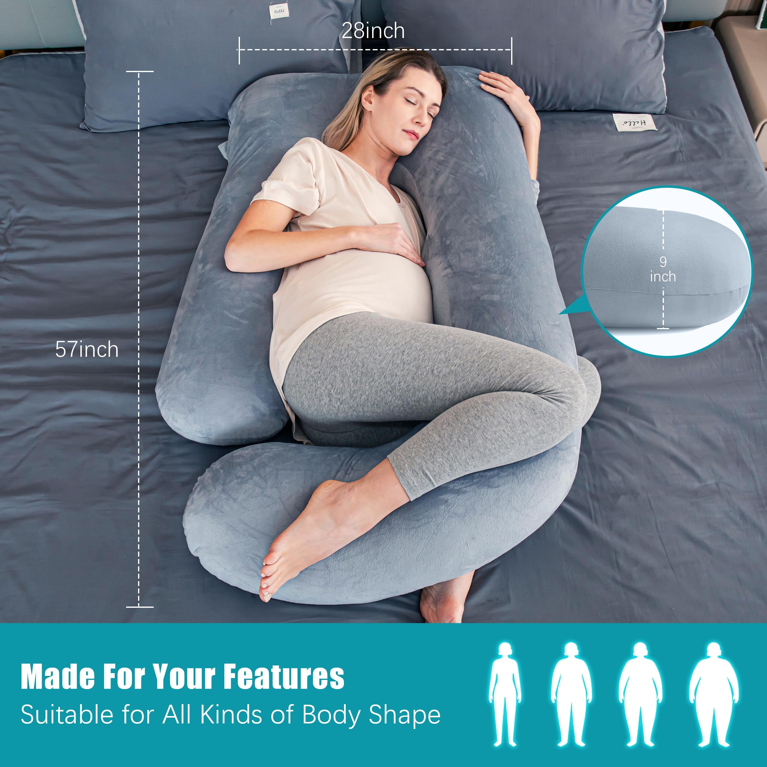 60-inch J-Shaped Pregnancy Pillow, Full Body Maternity Pillow for Side Sleepers, Soft Velvet Removable Washable Cover, Back Hip Leg Support