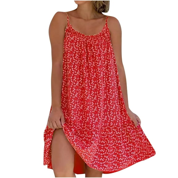 Dianli Sundresses for Women Floral Print Sleeveless Round Neck Mini Summer Dresses Evening Party Loose Fashion Cami Dress Red XL
