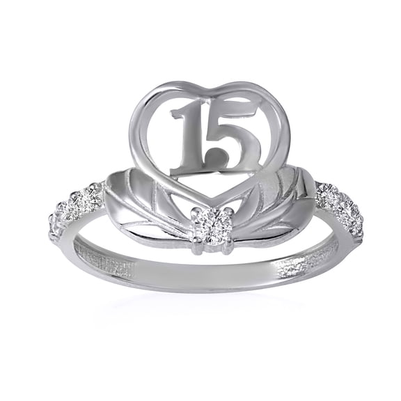 925 Sterling Silver Cubic Zirconia 15 AΓ±os Heart QuinceaΓ±era Ring (Size 4)