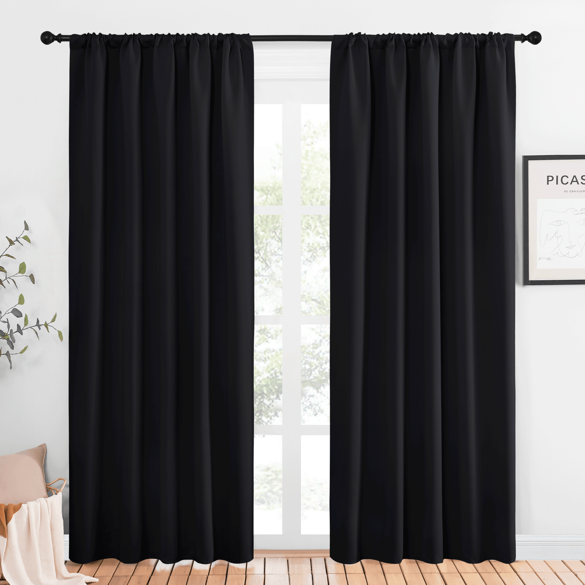 NICETOWN Black Blackout Curtains Rod Pocket Curtains Panels Thermal Insulated Window Drapes for Living Room 52x84 inch 2 Panels