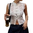thumbnail image 2 of Women's Lace Mandarin Collar Guipure Split Tank Top Sleeveless Shirt Blouses White S, 2 of 9