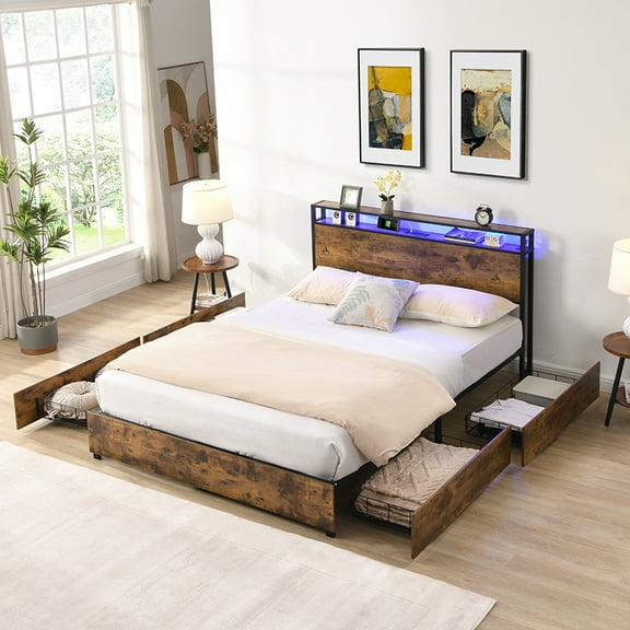 Miniyam Full Size Bed with Charging Station, Storage Headboard, Drawers, Brown