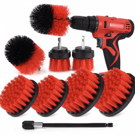 

JUSTUP Drill Brush Attachment Set Power Cleaning Scrub Brush All Purpose Drill Brushes with Extend Long Attachment，Red