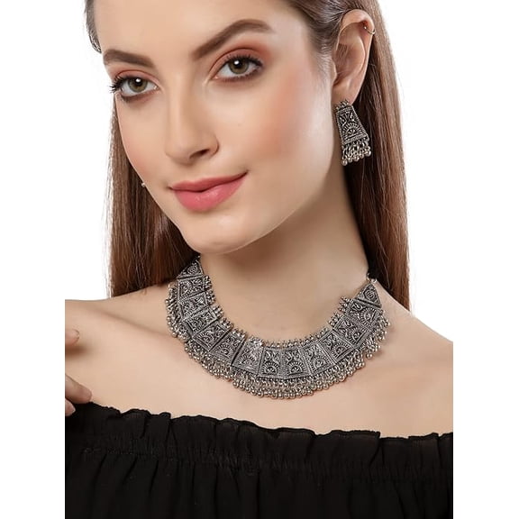 Stylish Fashion Traditional Silver Oxidized Choker Necklace & Earrings Garba Dandiya Jewelry Set for Women