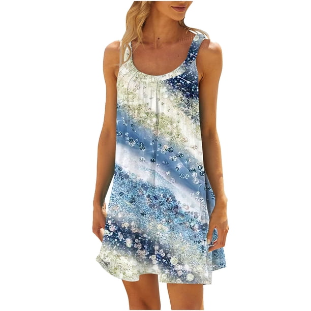 Vestido de Verano para las Mujeres Impreso sin Mangas Cuello Redondo, Suelto de Rodilla de Longitud Vestido Casual para la Primavera