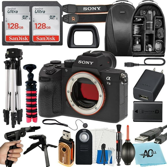 Sony Alpha a7 III Appareil Photo Numérique Sans Miroir Plein Cadre (Boîtier Seulement) 24 Mpx avec 2 Cartes Mémoire SanDisk 128 Go, Sac à Dos, Trépied et Ensemble d'Accessoires A-Cell (Noir)