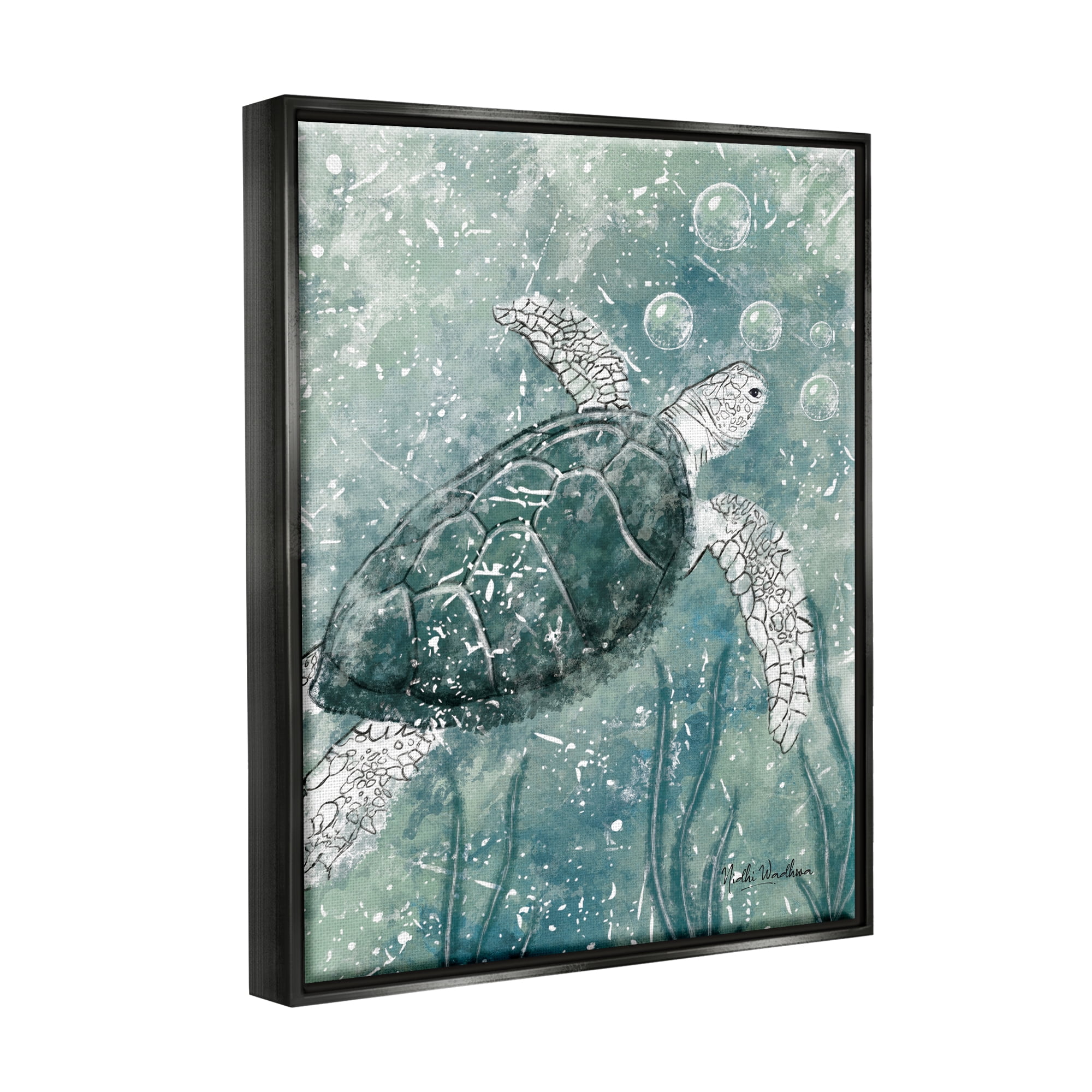Stupell Industries Green Turtle & Bubbles Animals & Insects Painting Black Floater Framed Art Print Wall Art, 25 x 31